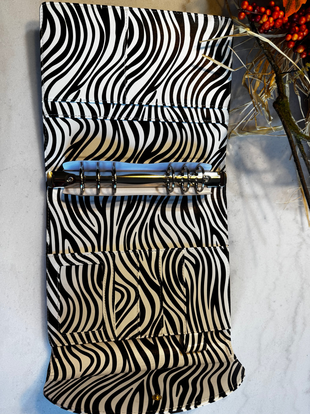 A5 6-Ring Planner Binder | Soft Zebra-Print Vegan Leather | 30mm Silver Rings