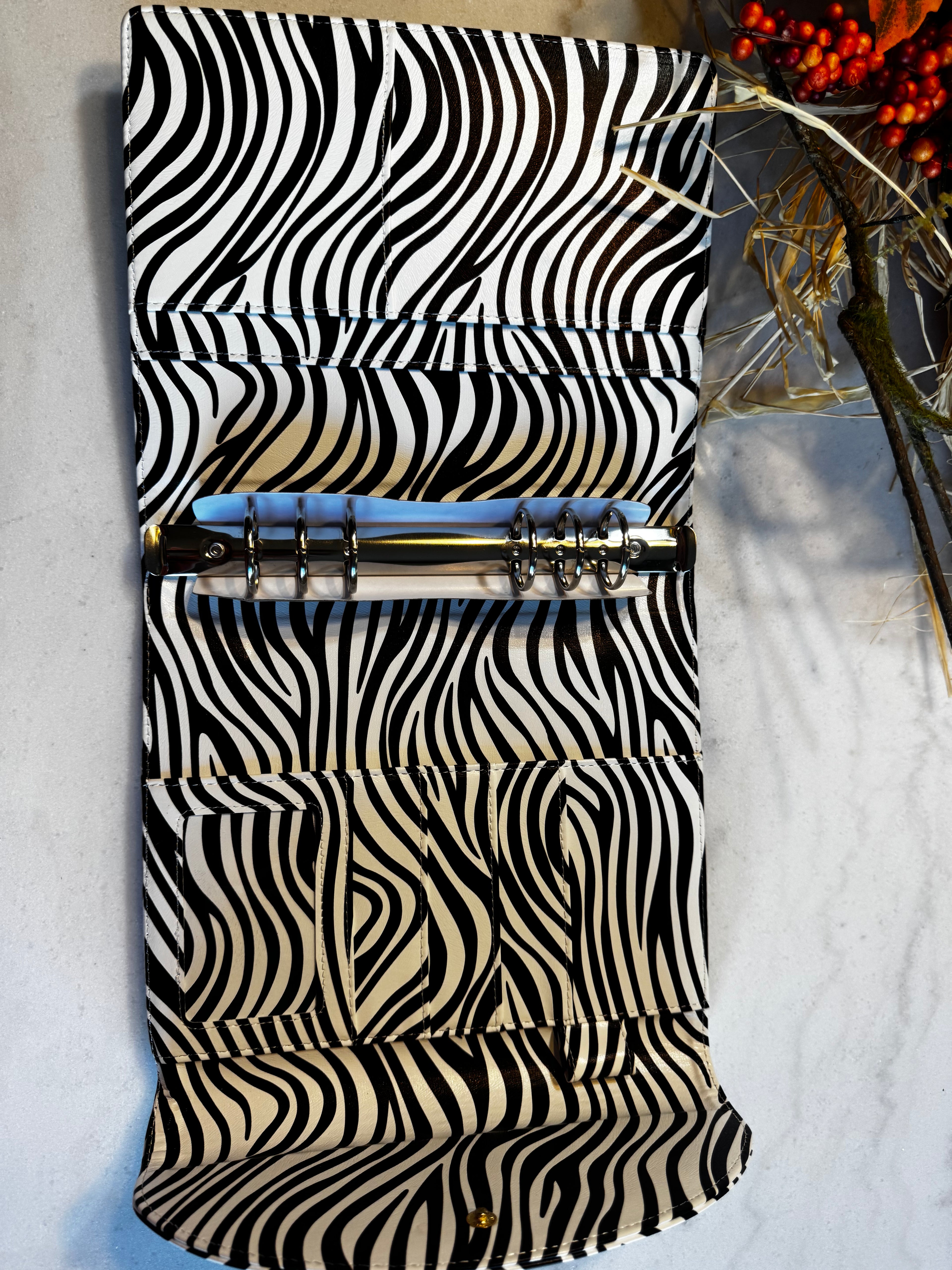 A5 6-Ring Planner Binder | Soft Zebra-Print Vegan Leather | 30mm Silver Rings