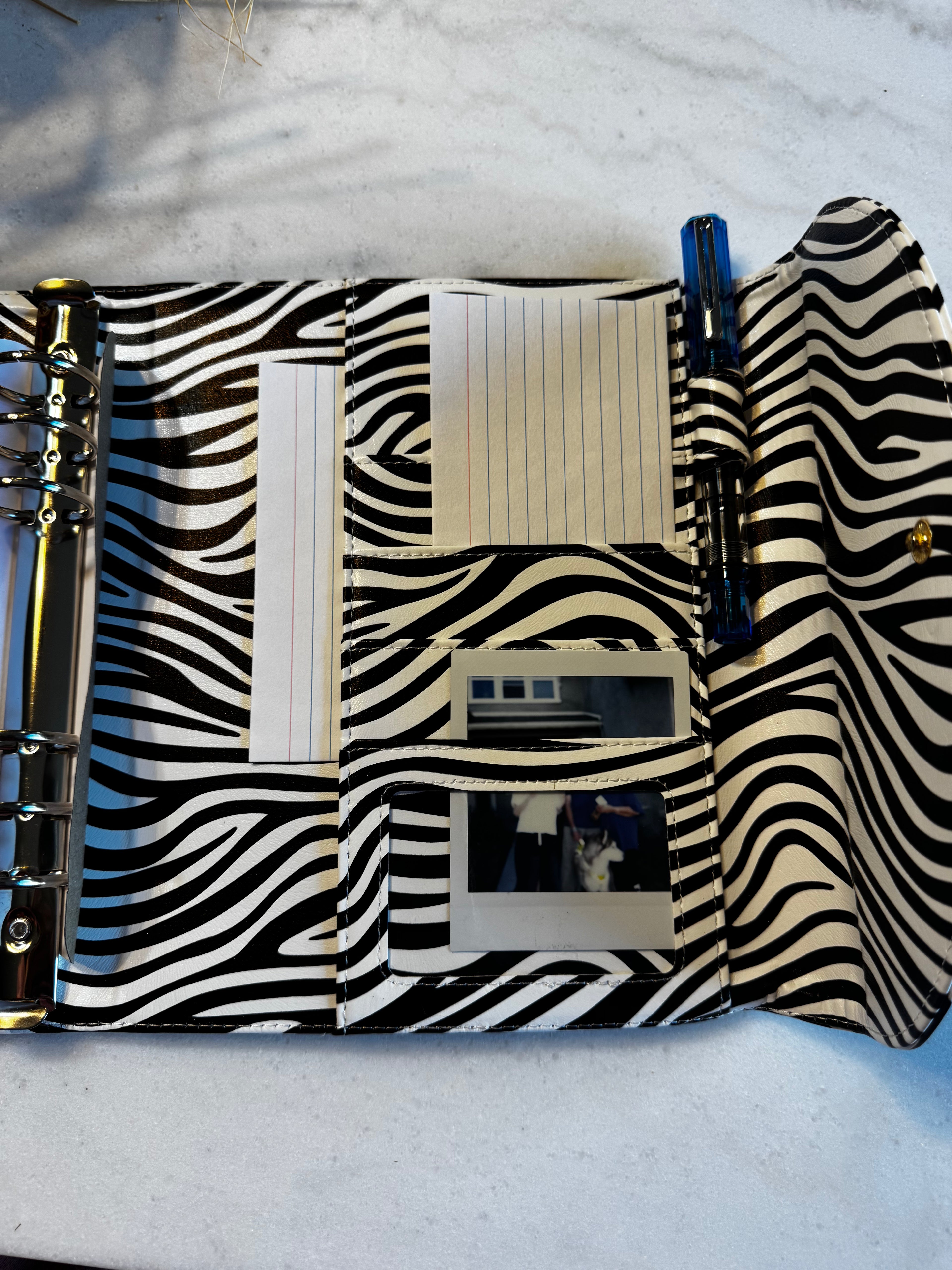 A5 6-Ring Planner Binder | Soft Zebra-Print Vegan Leather | 30mm Silver Rings